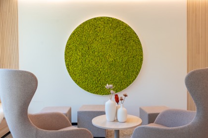 Loungeecke mit Mooskreis an der Wand