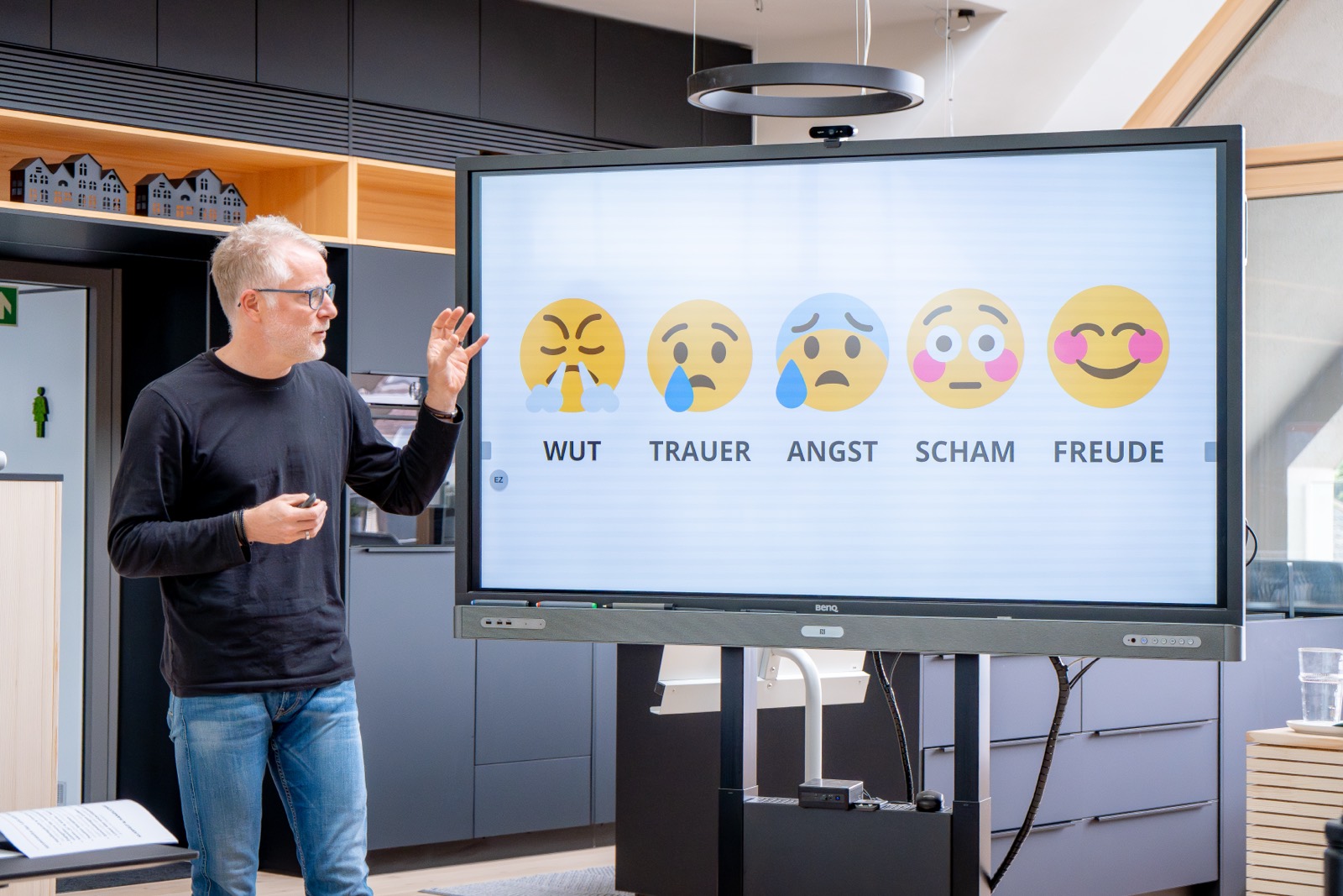 Trainer vor einer Folie mit fünf Emotionen von Wut bis Freude