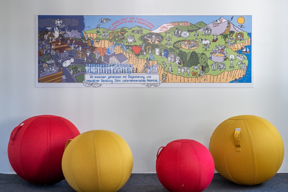 Sitzbälle vor einem Wimmelbild an der Wand