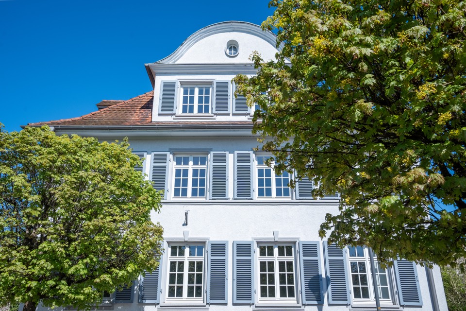 Villa zwischen Bäumen, frontal